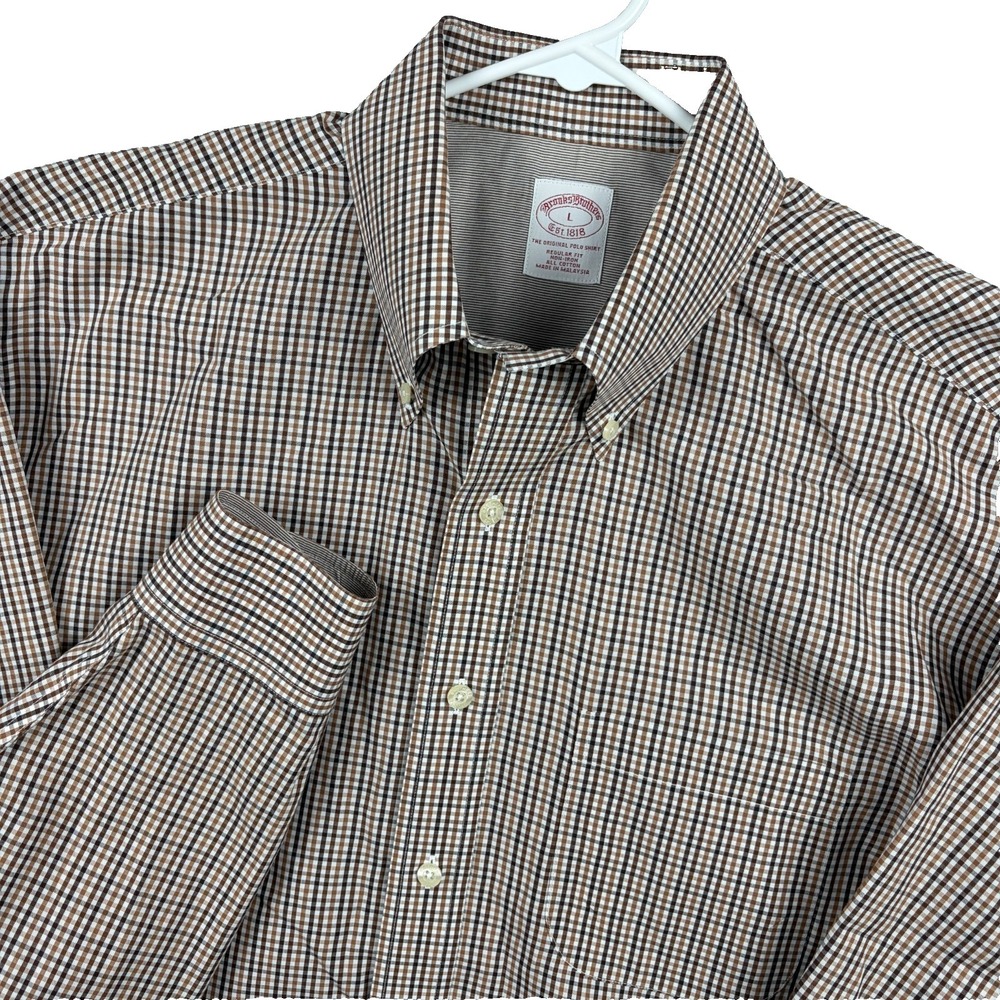 Brooks Brothers Shirt Mens Large Brown Check OCBD Oxford Button Down Non Iron